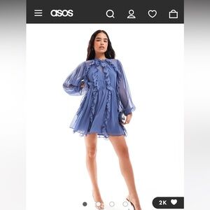 New with tags! ASOS DESIGN high neck ruffle mini dress in dusky blue | size 6